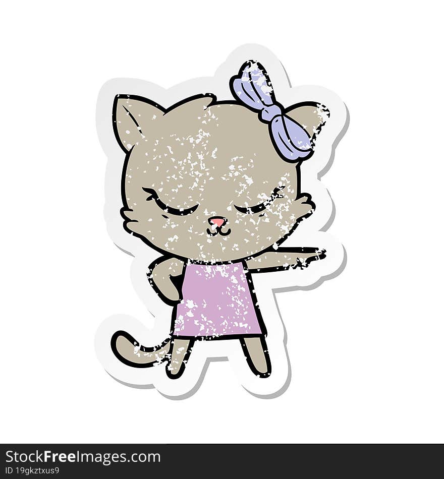 distressed sticker of a cute cartoon cat with bow