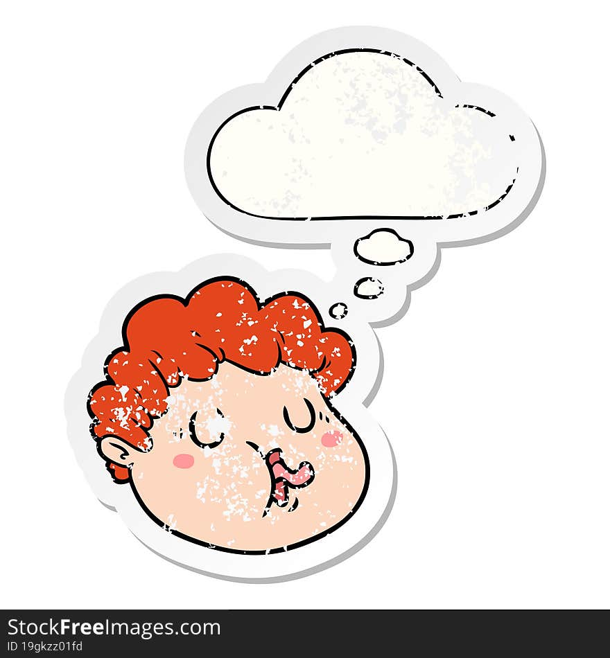 cartoon male face with thought bubble as a distressed worn sticker