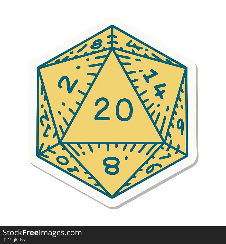 sticker of a natural 20 D20 dice roll. sticker of a natural 20 D20 dice roll