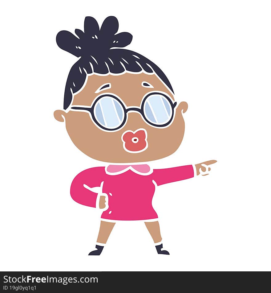 flat color style cartoon pointing woman wearing spectacles