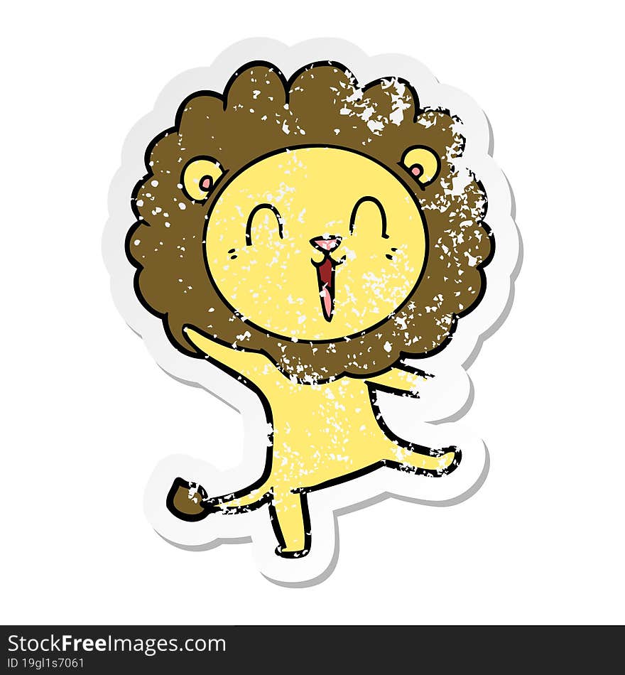 distressed sticker of a laughing lion cartoon