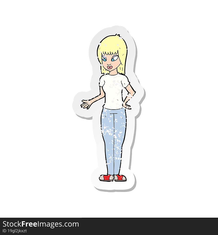 retro distressed sticker of a cartoon woman explaining