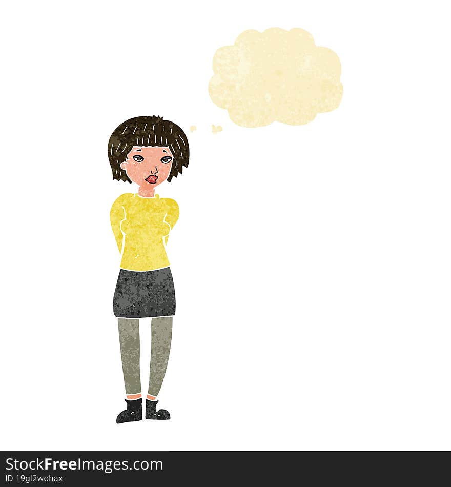 cartoon shy woman with thought bubble