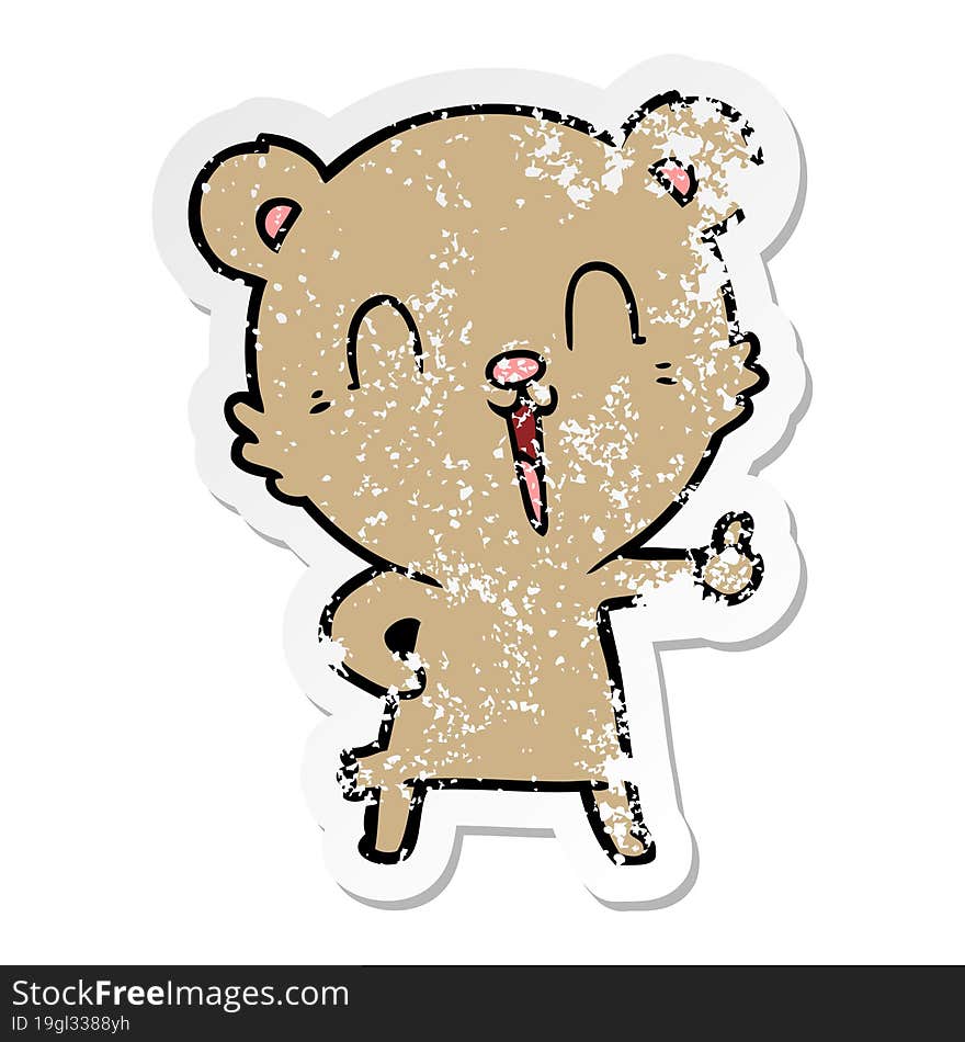 distressed sticker of a happy laughing cartoon bear