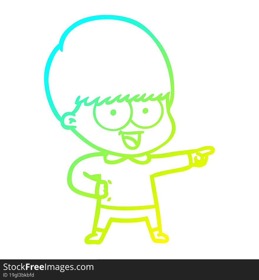 cold gradient line drawing of a happy cartoon boy pointing