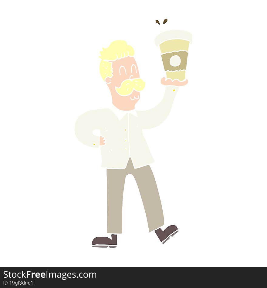 flat color illustration of man with coffee cups. flat color illustration of man with coffee cups