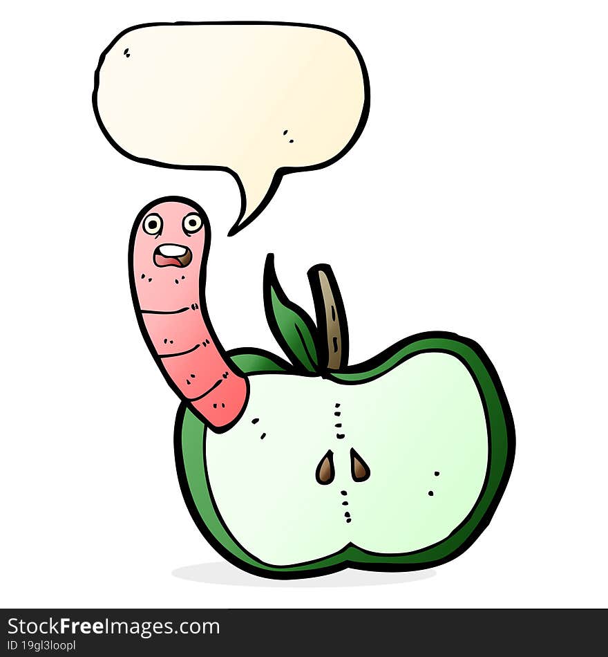 cartoon apple with worm with speech bubble