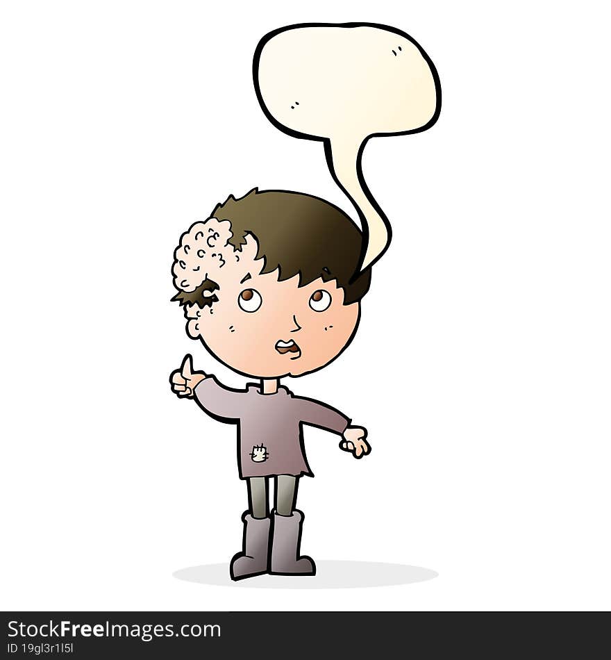 cartoon boy with growth on head with speech bubble