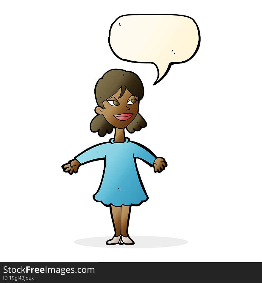 cartoon woman with open arms with speech bubble