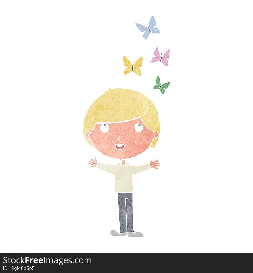 cartoon man and butterflies