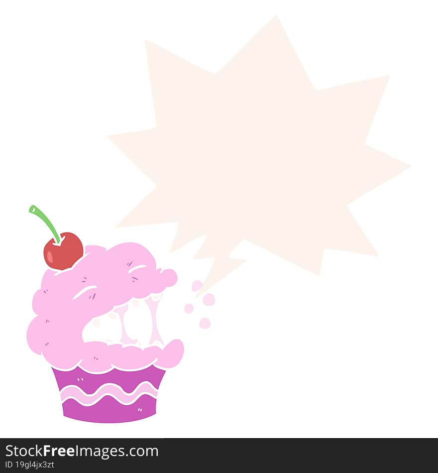 funny cartoon cupcake and speech bubble in retro style