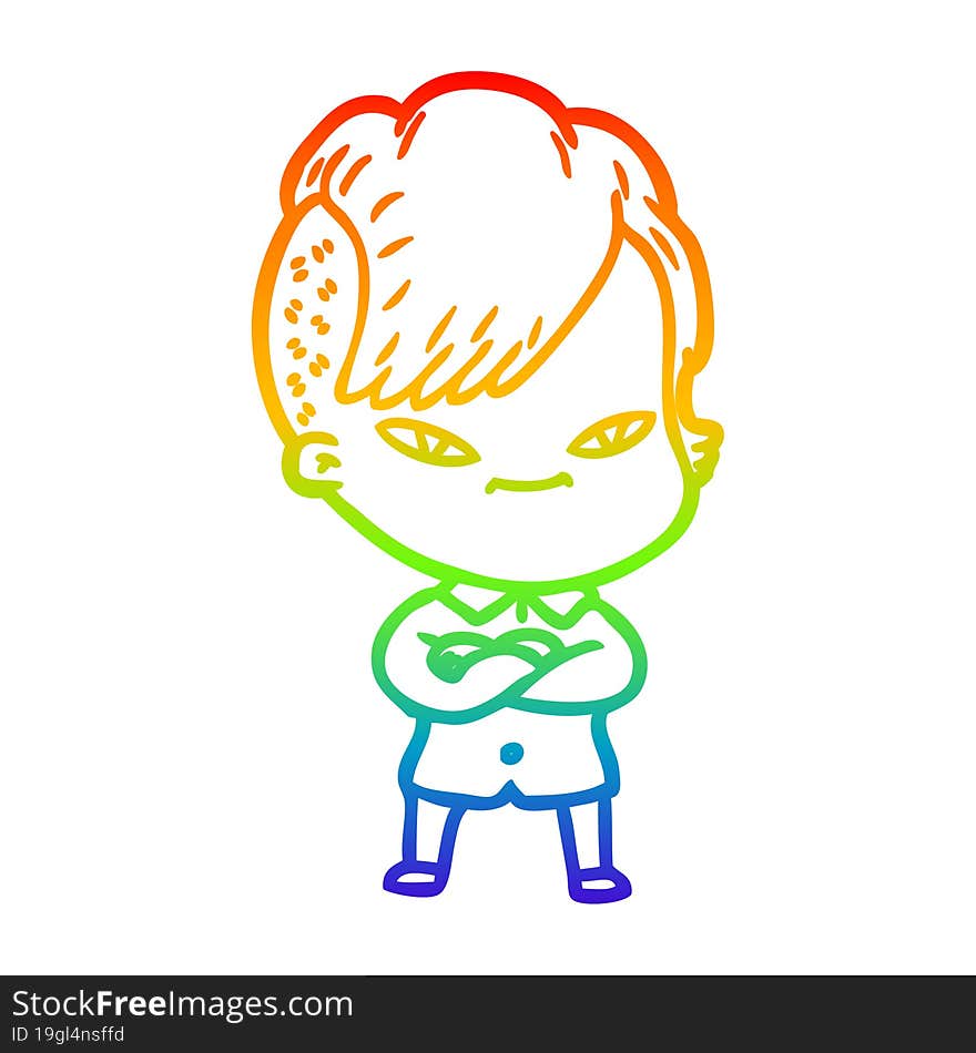 rainbow gradient line drawing of a cute cartoon girl with hipster haircut