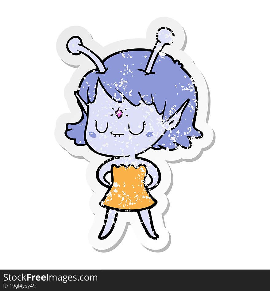 distressed sticker of a cartoon alien girl