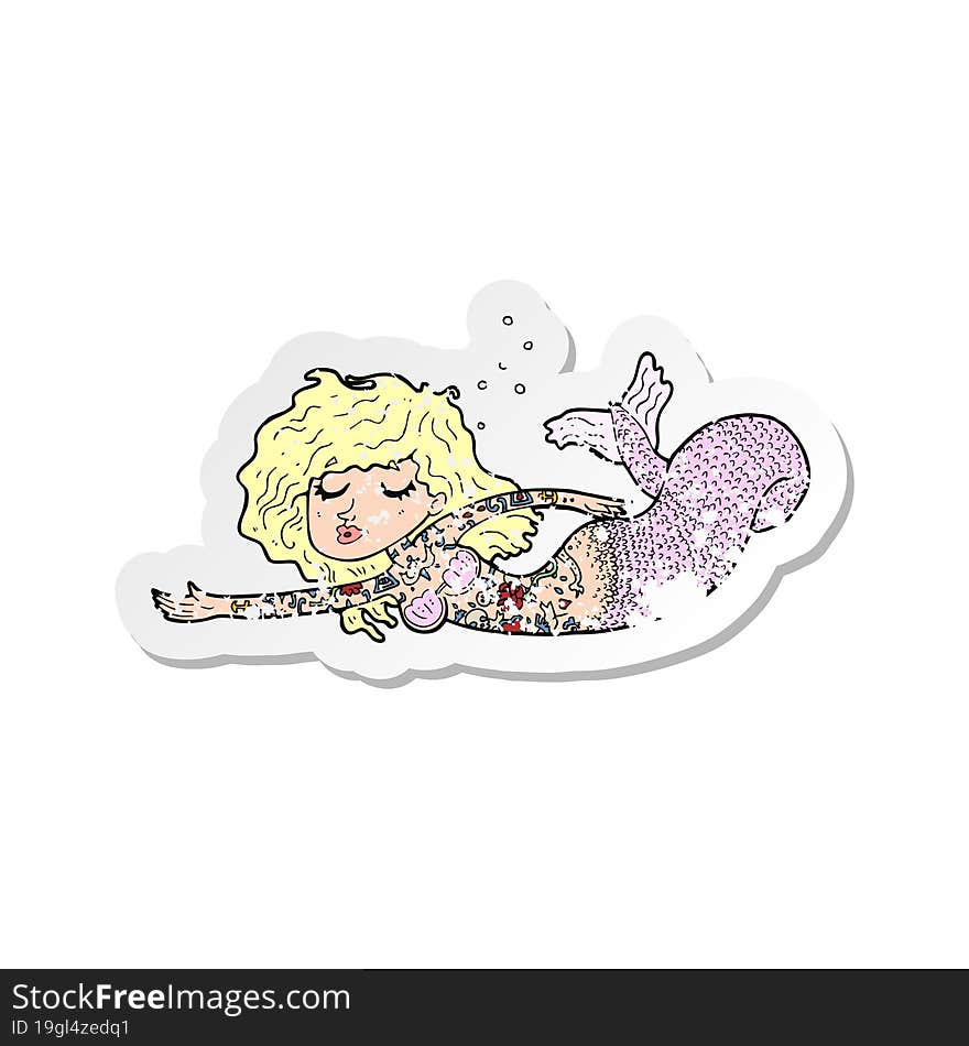 retro distressed sticker of a cartoon mermaid covered in tattoos