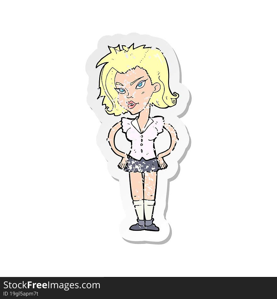 retro distressed sticker of a cartoon woman with hands on hips