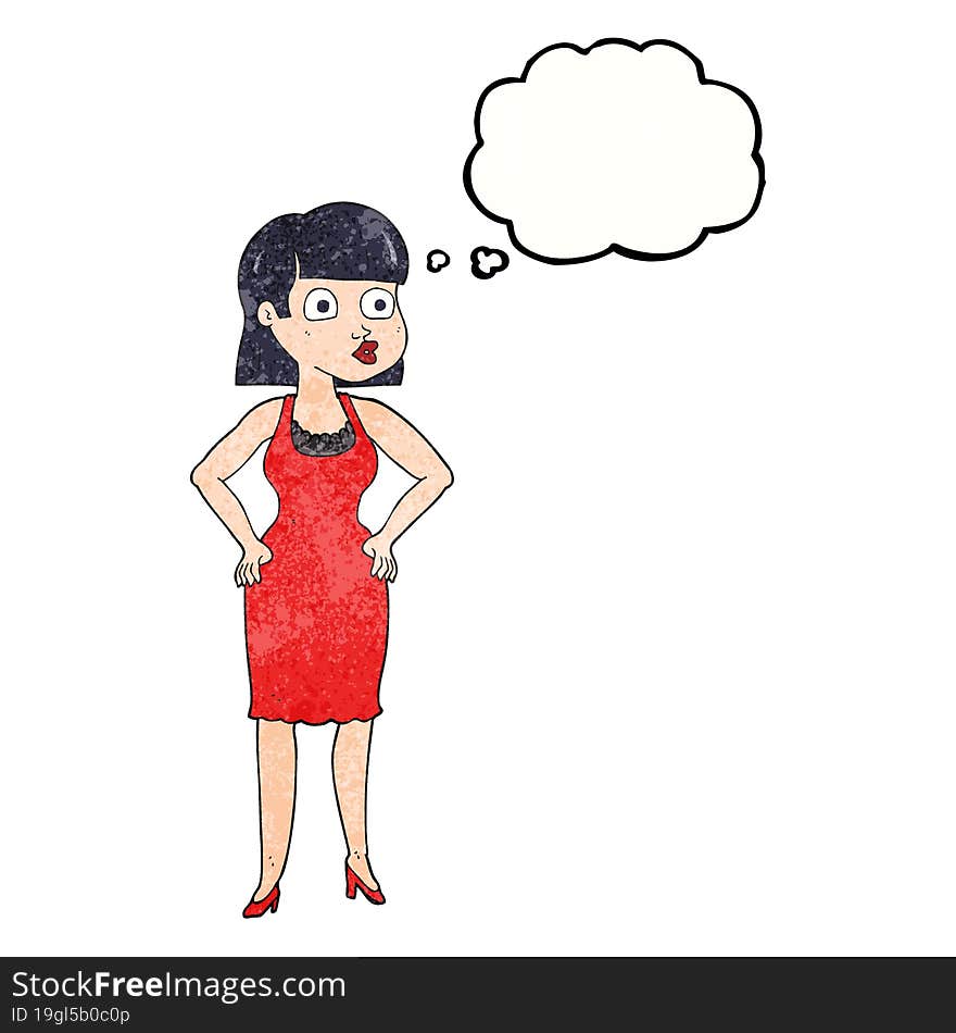 freehand drawn thought bubble textured cartoon woman in dress with hands on hips