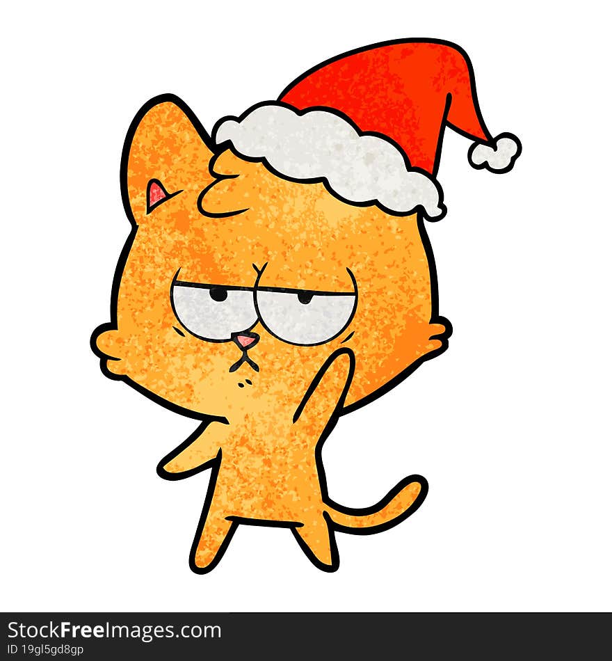 bored textured cartoon of a cat wearing santa hat