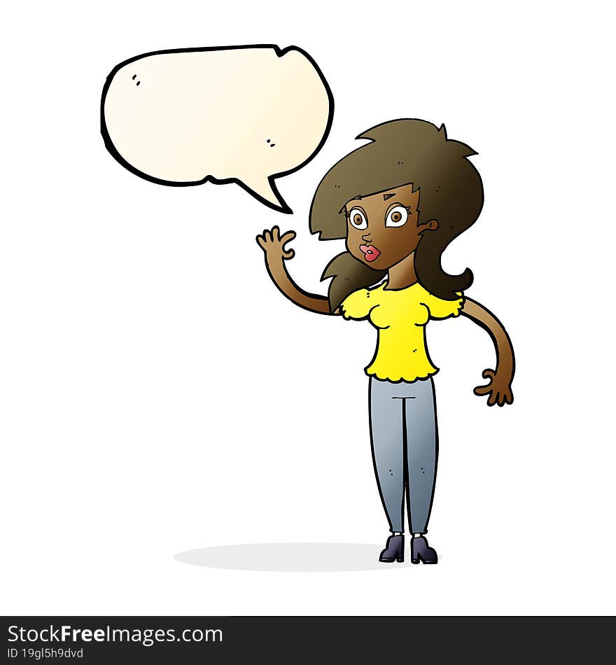 cartoon pretty woman waving with speech bubble