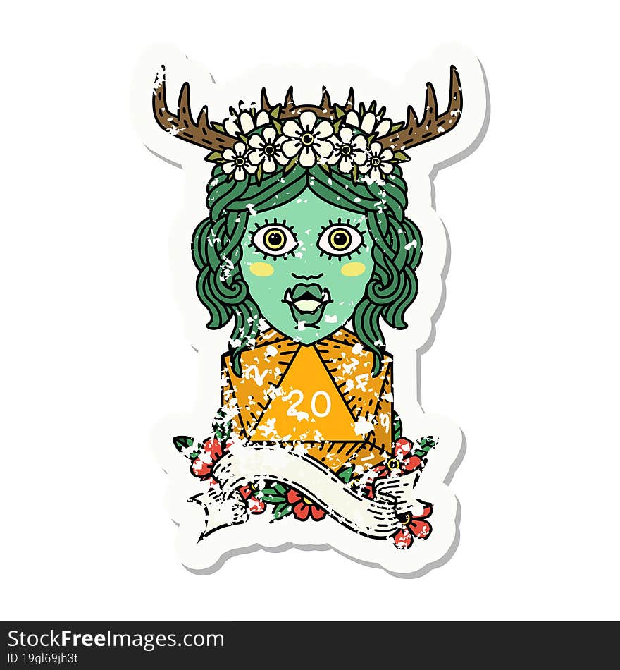 grunge sticker of a orc druid character with natural twenty dice roll. grunge sticker of a orc druid character with natural twenty dice roll