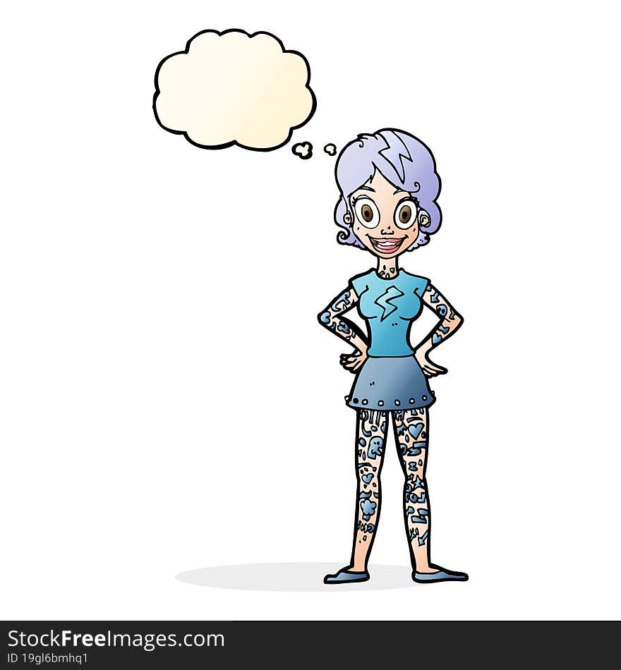 cartoon woman with heavy tattoos with thought bubble