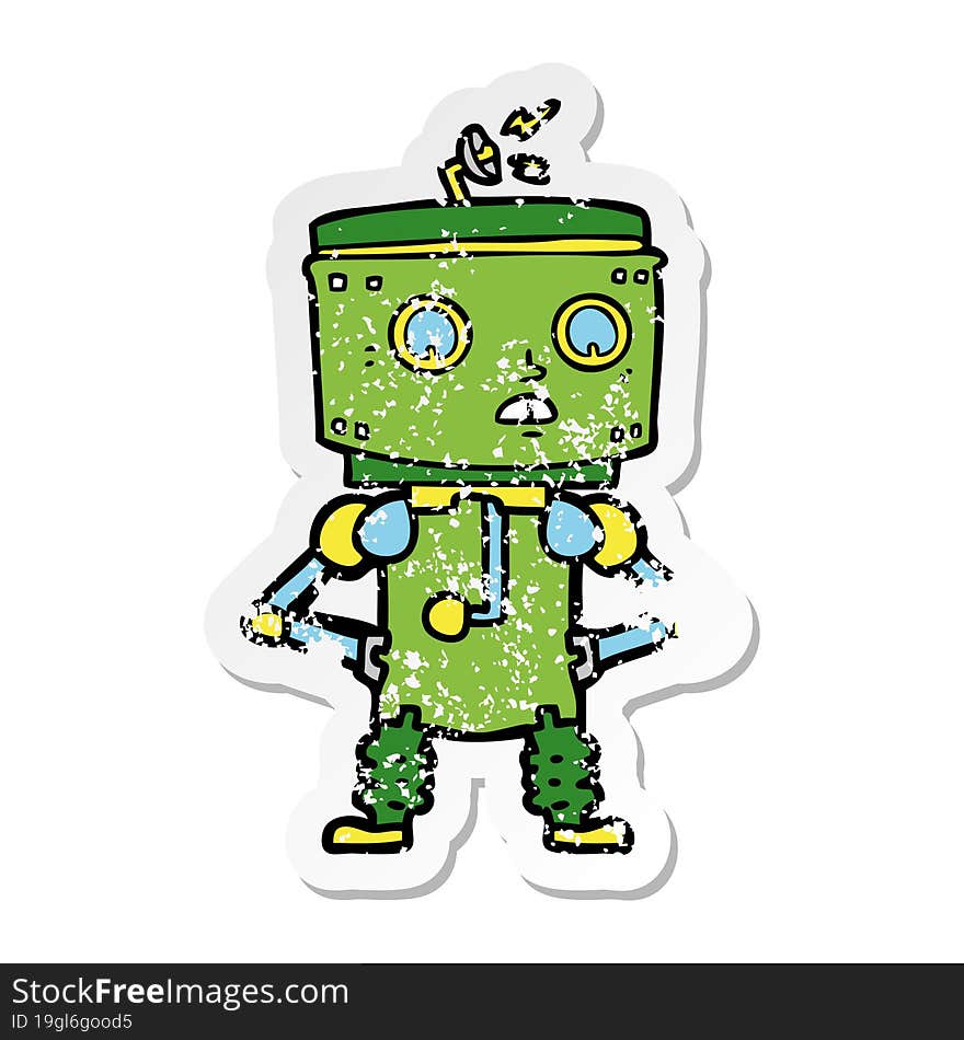 distressed sticker of a cartoon robot with hands on hips