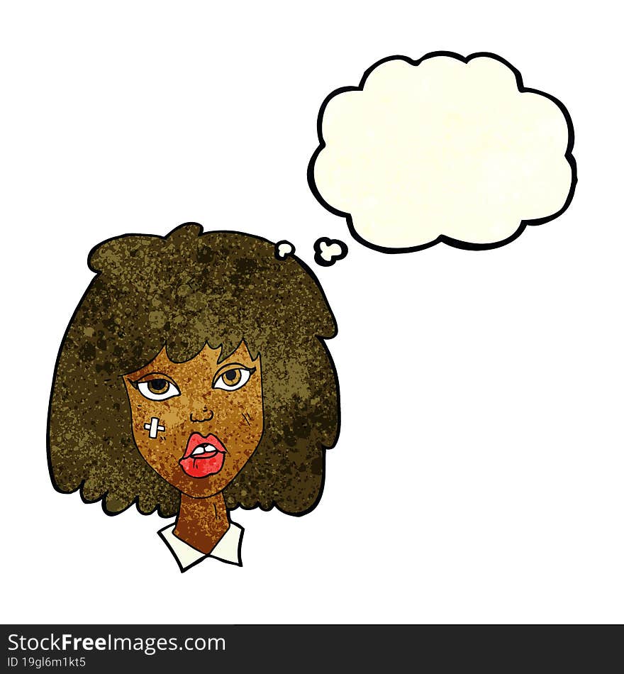 cartoon woman with bruised face with thought bubble