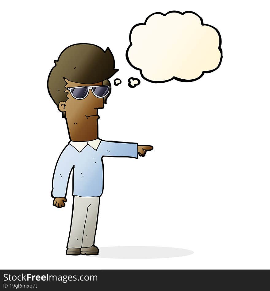 cartoon man in glasses pointing with thought bubble