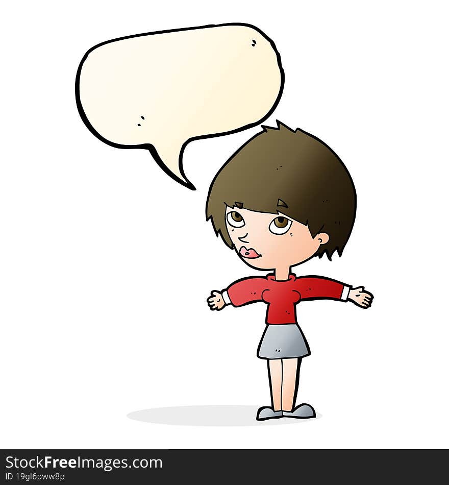 cartoon woman with open arms with speech bubble