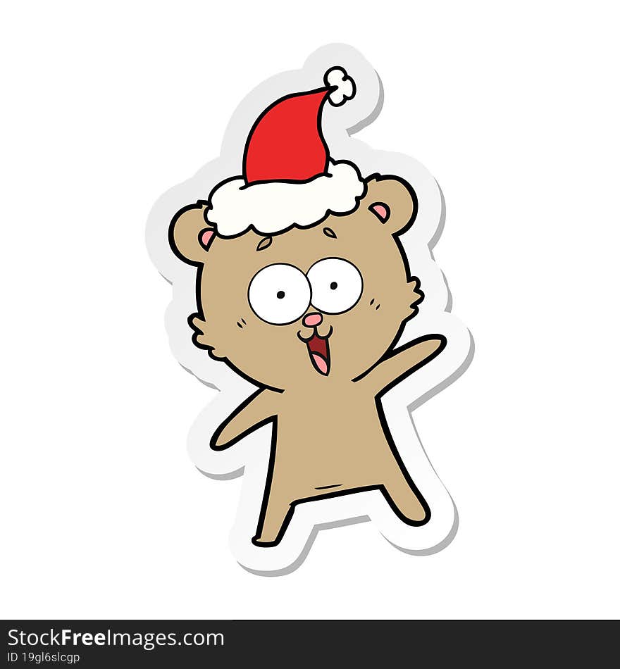 laughing teddy  bear hand drawn sticker cartoon of a wearing santa hat. laughing teddy  bear hand drawn sticker cartoon of a wearing santa hat