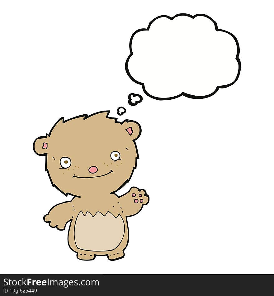 cartoon waving teddy bear with thought bubble