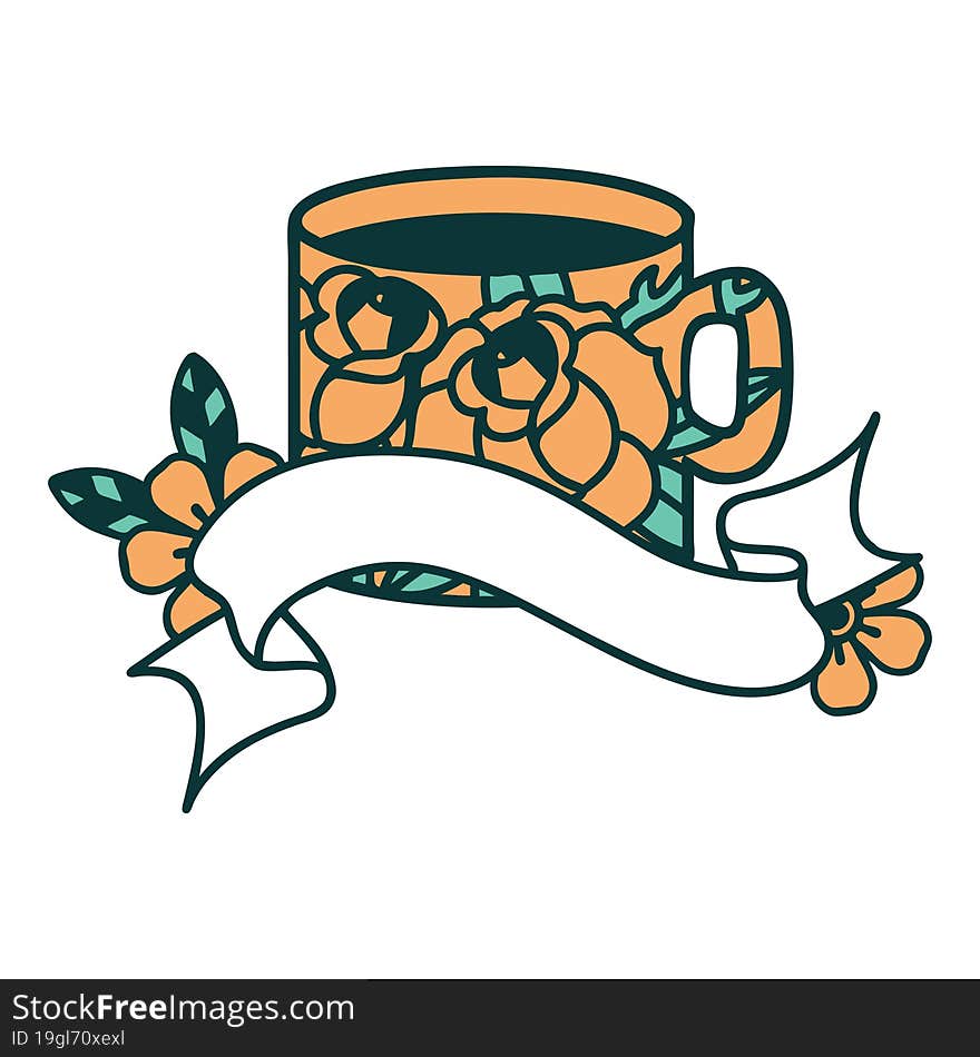 tattoo with banner of a cup and flowers