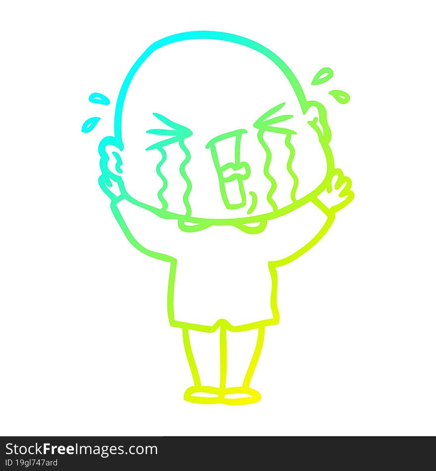 cold gradient line drawing cartoon crying bald man