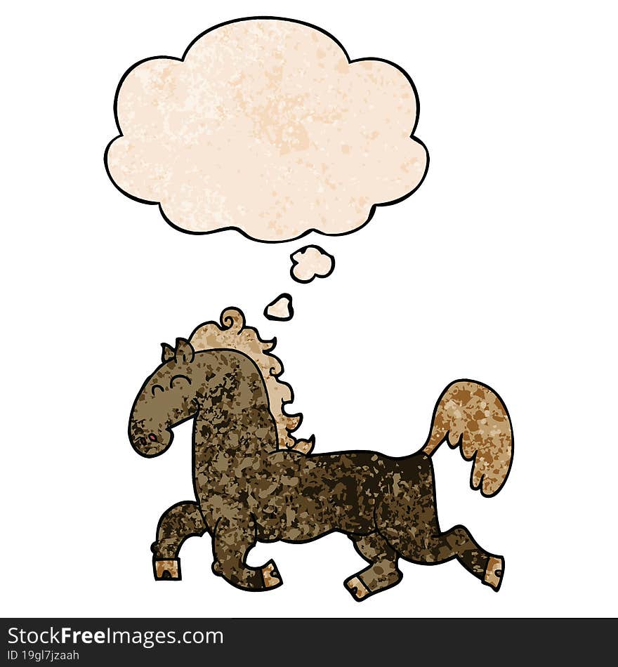 cartoon stallion and thought bubble in grunge texture pattern style