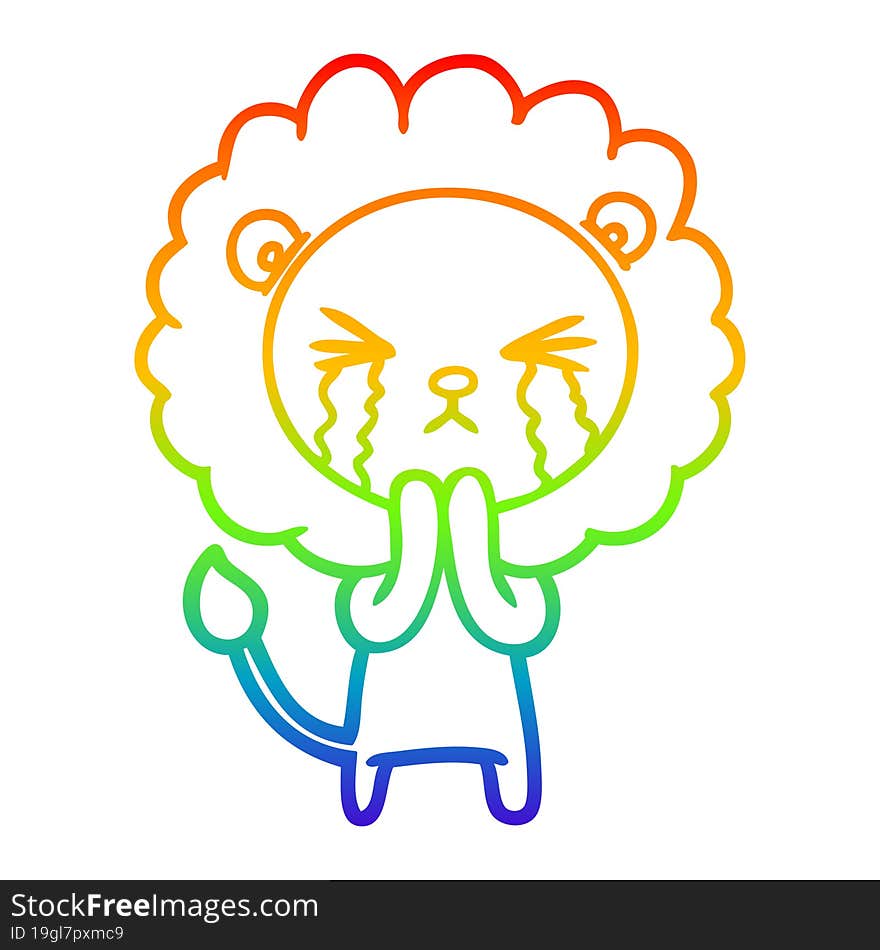 rainbow gradient line drawing cartoon crying lion praying