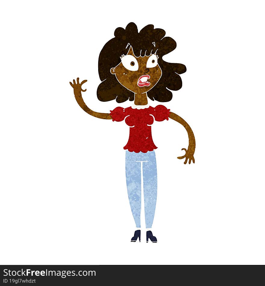 cartoon worried woman waving