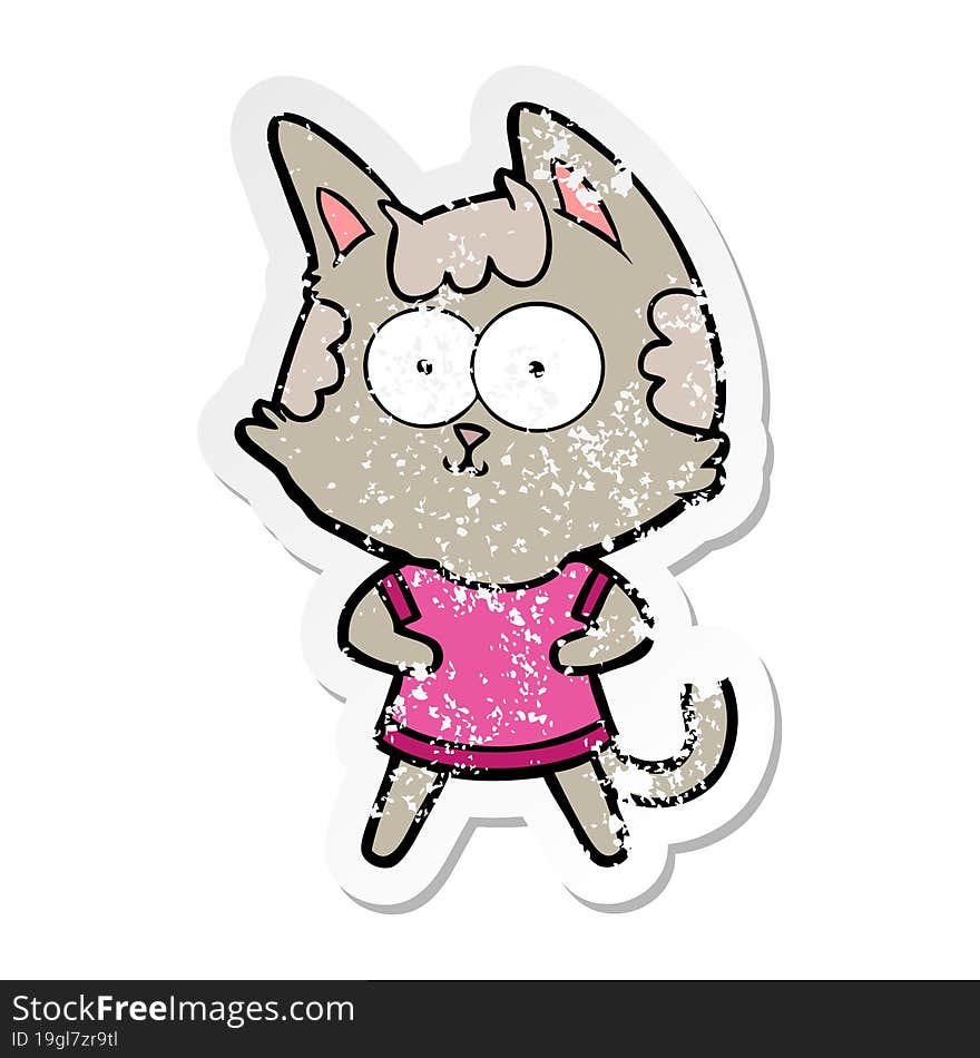 distressed sticker of a happy cartoon cat