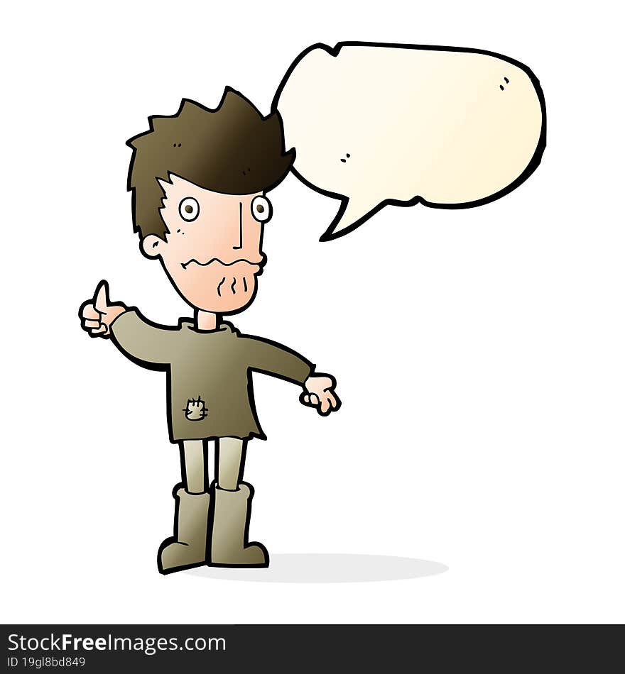 cartoon worried man giving thumbs up symbol with speech bubble