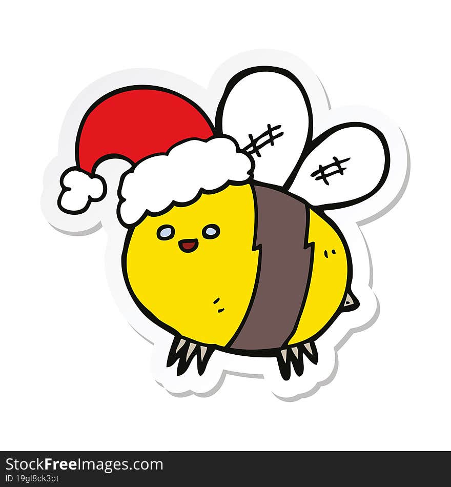 sticker of a cute cartoon bee wearing christmas hat