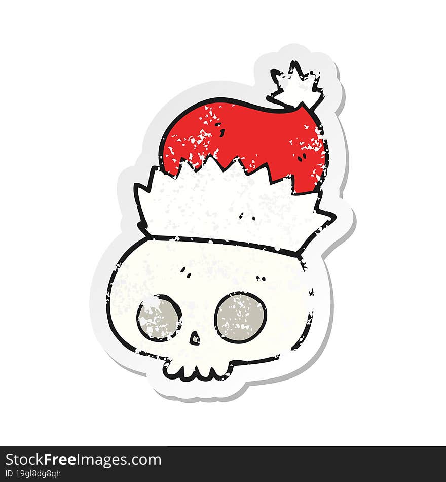 retro distressed sticker of a cartoon skull wearing christmas hat