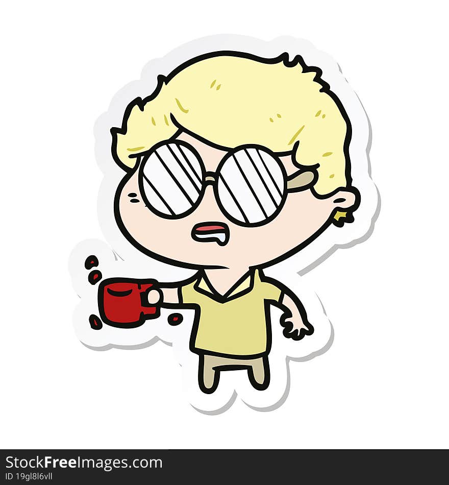 sticker of a cartoon man with cup of coffee