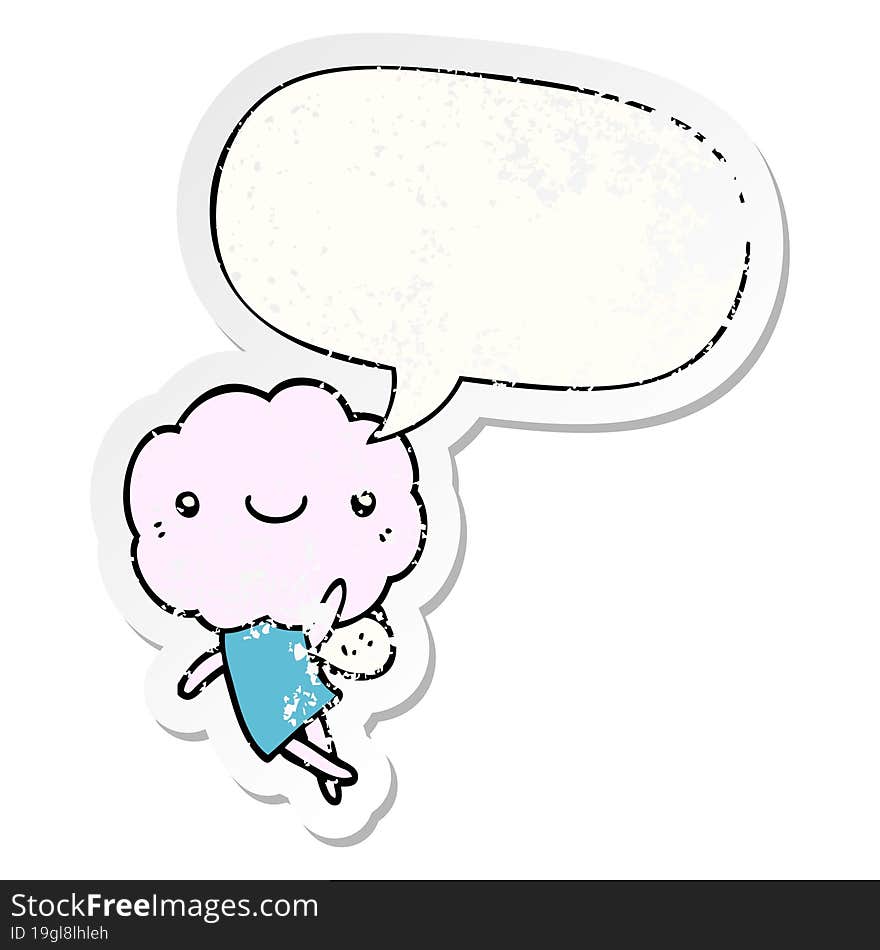 Cute Cloud Head Creature And Speech Bubble Distressed Sticker