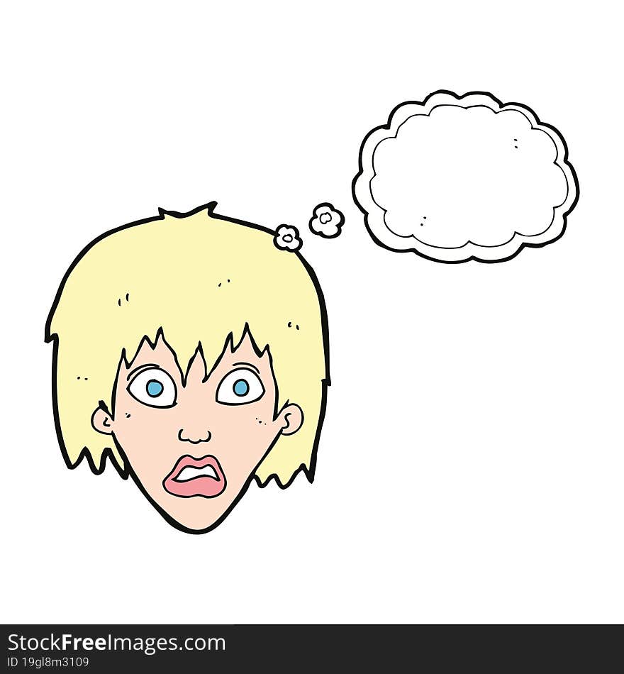 cartoon frightened woman with thought bubble