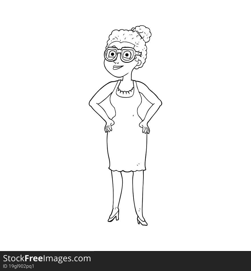 black and white cartoon woman wearing glasses