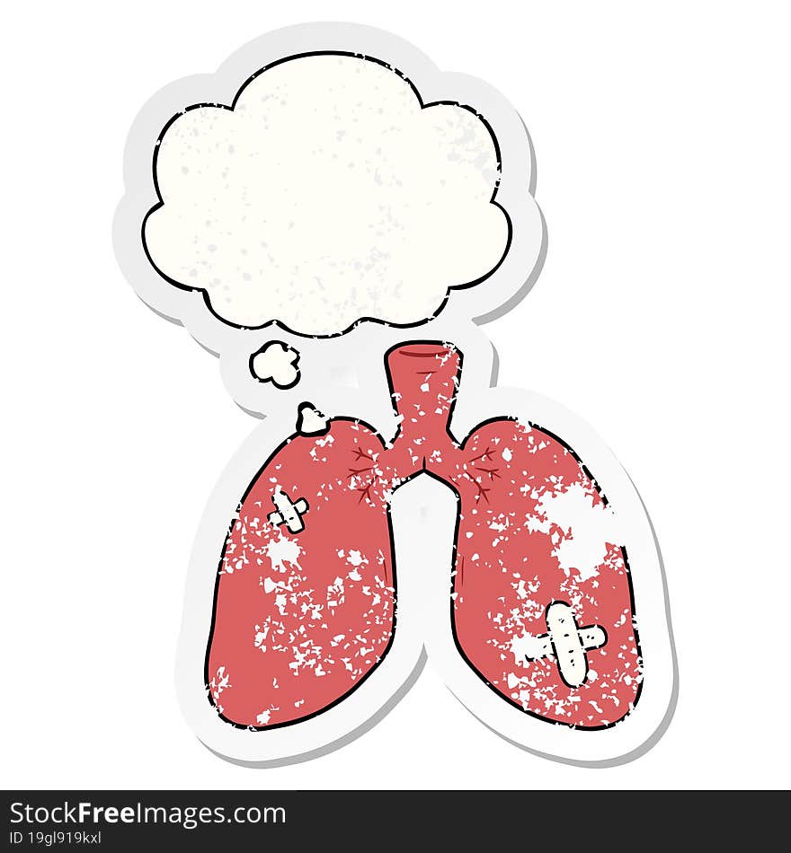 cartoon repaired lungs and thought bubble as a distressed worn sticker