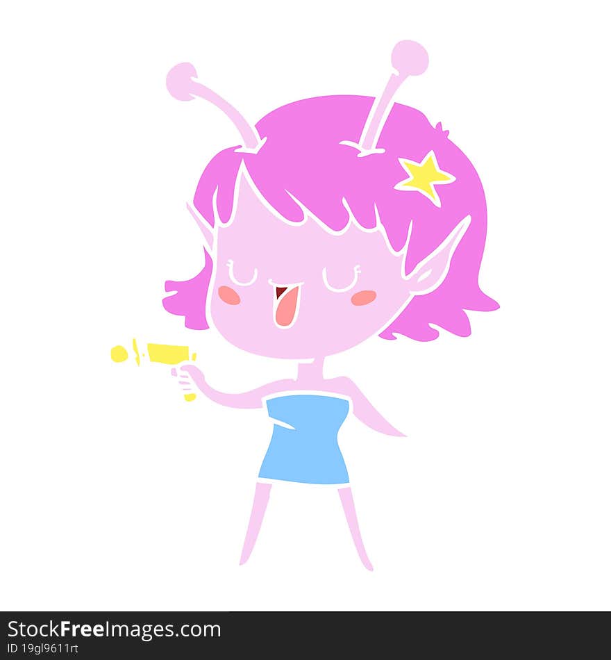 happy alien girl flat color style cartoon