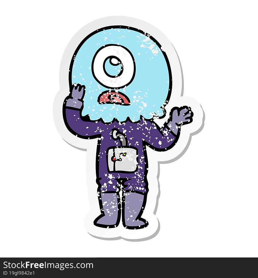 distressed sticker of a worried cartoon cyclops alien spaceman