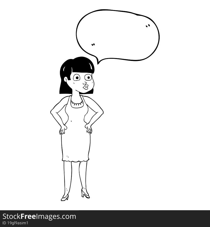 speech bubble cartoon woman in dress with hands on hips