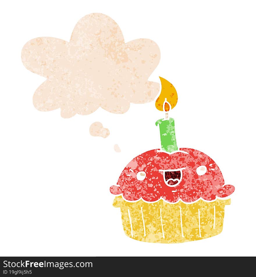 cartoon cupcake with candle and thought bubble in retro textured style