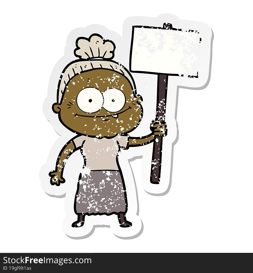 distressed sticker of a cartoon happy old woman