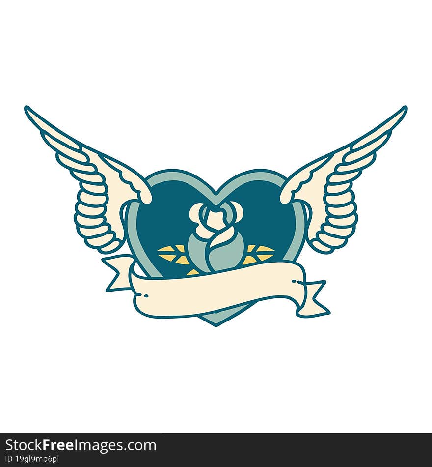 Tattoo Style Icon Of A Flying Heart With Flowers And Banner